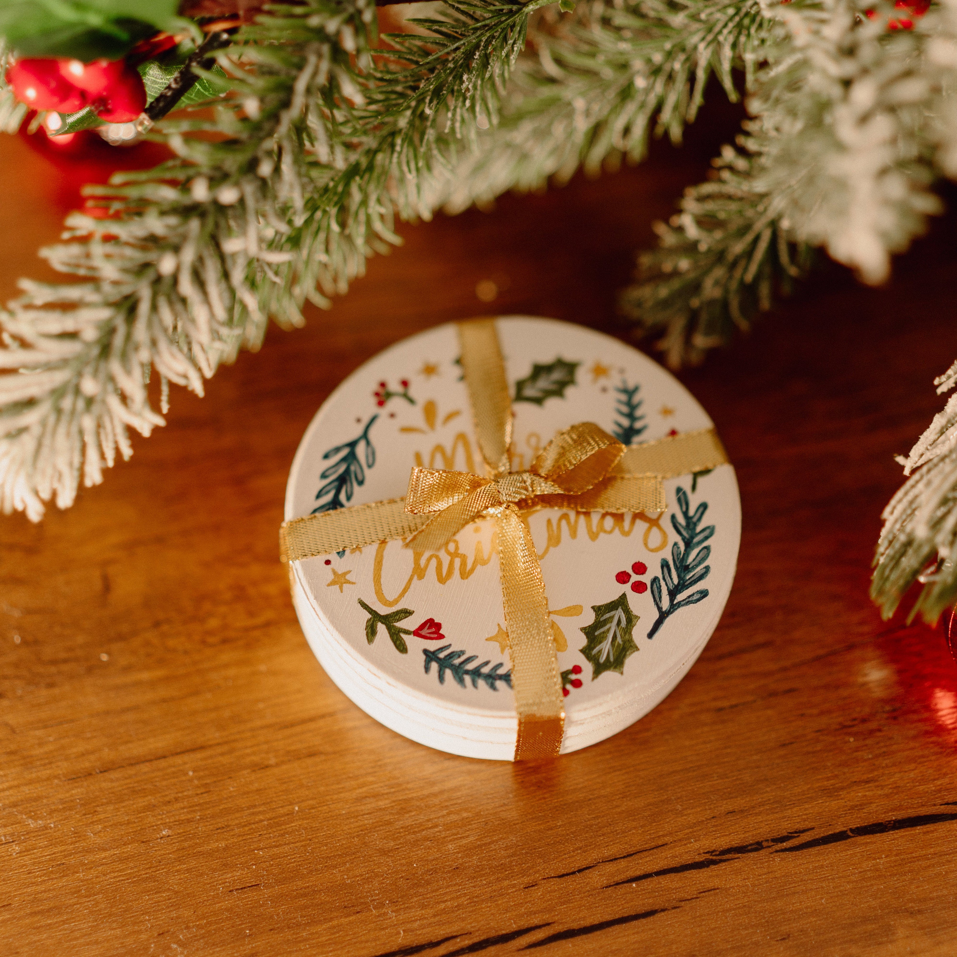 "Merry Christmas" Handpainted Ceramic Coasters - 4 Pack